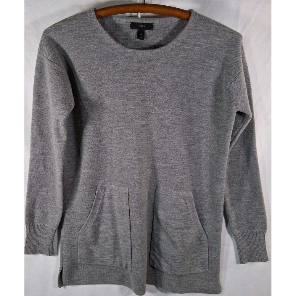 J Crew 100% Merino Wool Tunic XS Grey Sweater Pullover Pocket Lagenlook